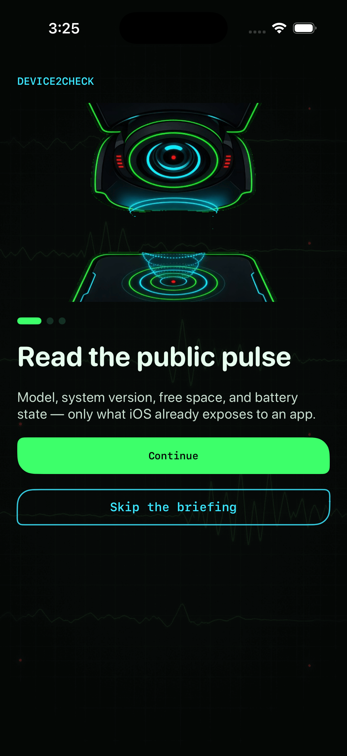 Briefing screen explaining public device facts