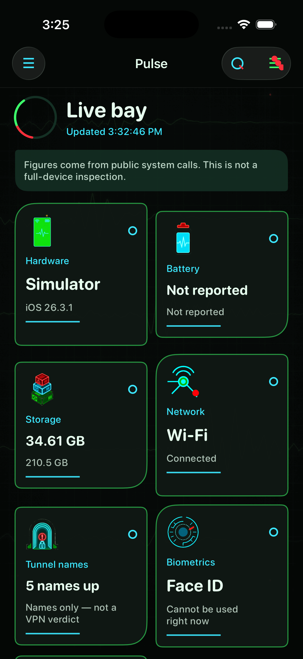 Device2Check pulse board showing hardware, battery, and storage tiles